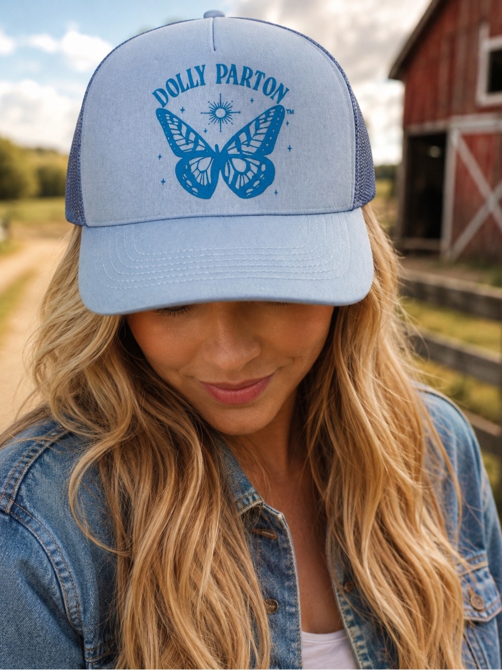 🦋 NWT Dolly Parton Butterfly Trucker Hat Blue Snapback Mesh Cap Official